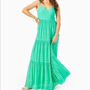 Lilly Pulitzer Melody Maxi Dress In Gustavia Green Stripey Rayon Eyelet